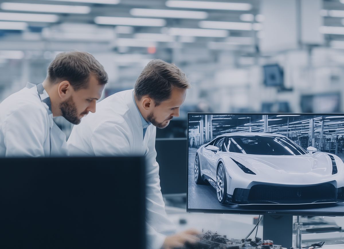 Two automotive engineers reviewing design on a screen, Software-defined vehicle platform | DXC Technology